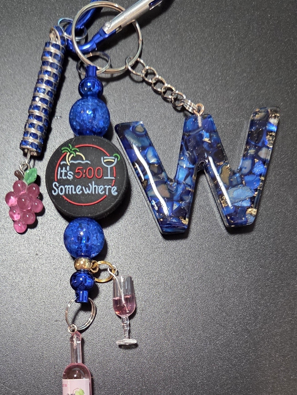 It's 5 O'Clock Somewhere!  Beautiful 'W' with Sparkly Blue Beads & Wine Charms